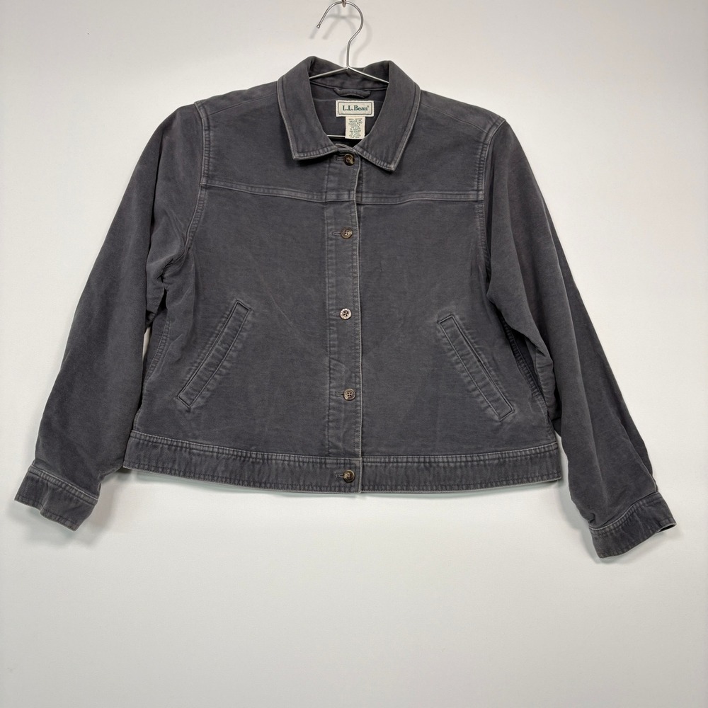 LL Bean Women Jacket Medium Petite Gray Cotton Moleskin Button Front Outdoor